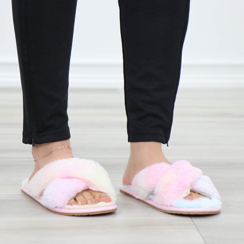 Tie Dye Fuzzy Plush Criss Cross Sandal Sliders - Picture 16 of 16